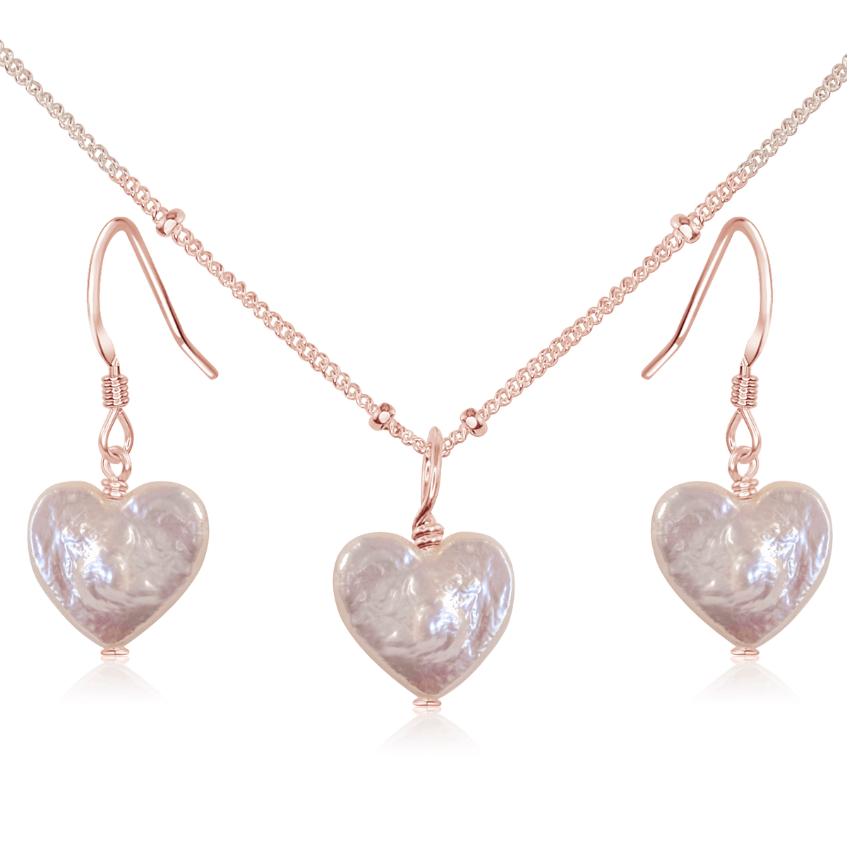 Freshwater Pearl Heart Jewellery Set - Freshwater Pearl Heart Jewellery Set - 14k Rose Gold Fill / Satellite / Necklace & Earrings - Luna Tide Handmade Crystal Jewellery