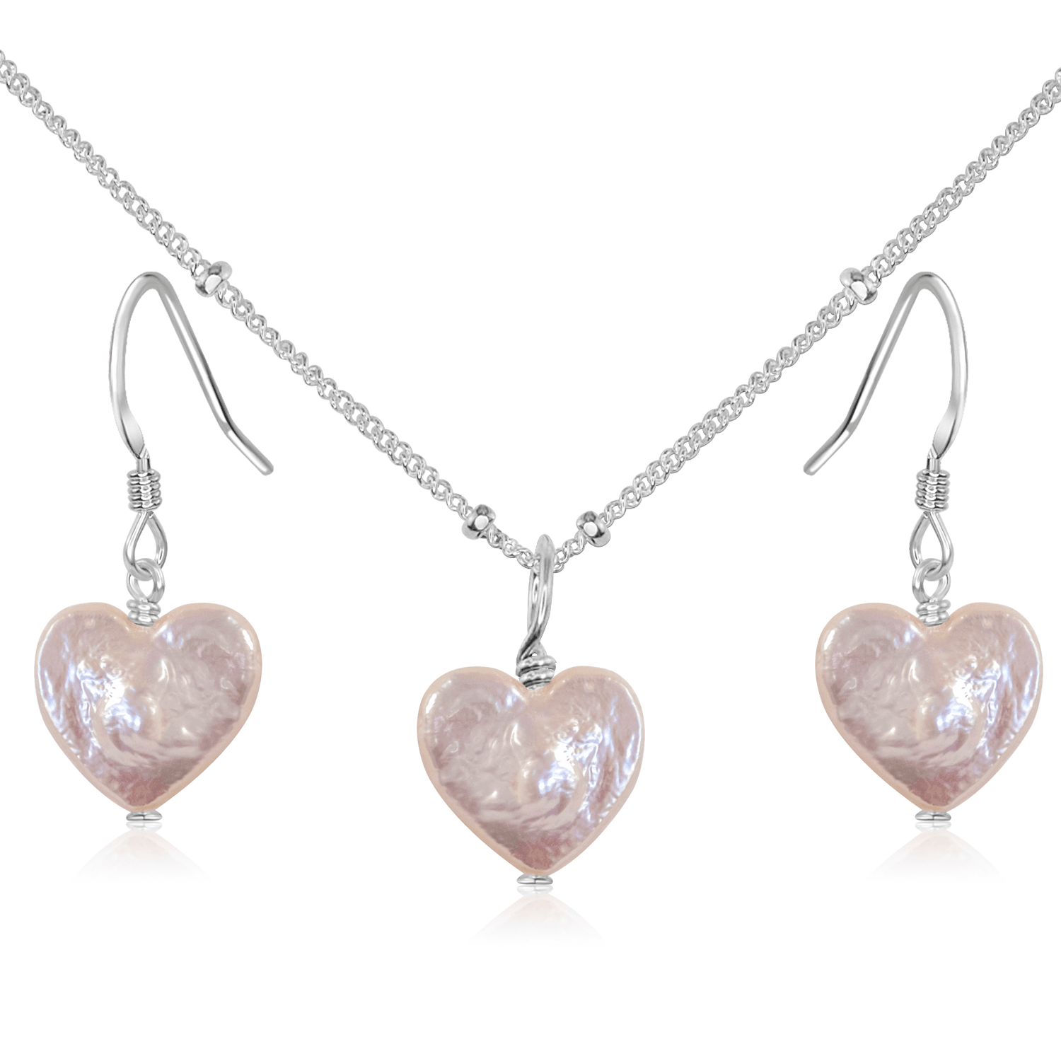 Freshwater Pearl Heart Jewellery Set - Freshwater Pearl Heart Jewellery Set - Sterling Silver / Satellite / Necklace & Earrings - Luna Tide Handmade Crystal Jewellery
