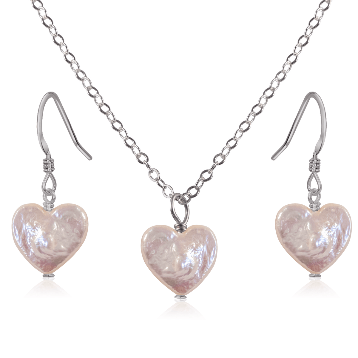 Freshwater Pearl Heart Jewellery Set - Freshwater Pearl Heart Jewellery Set - Stainless Steel / Cable / Necklace & Earrings - Luna Tide Handmade Crystal Jewellery