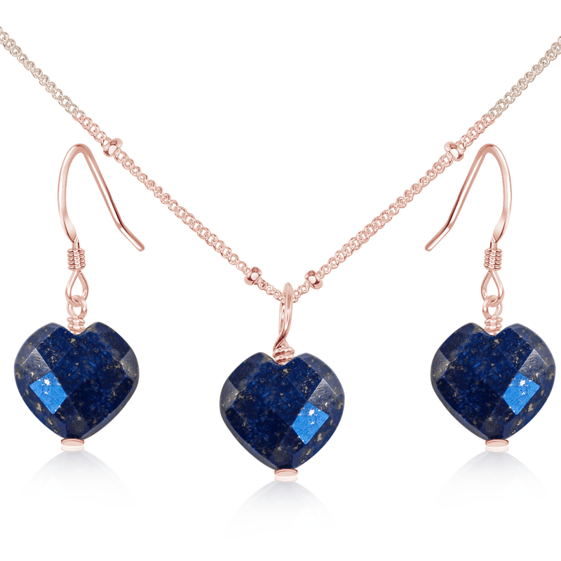 Lapis Lazuli Crystal Heart Jewellery Set - Lapis Lazuli Crystal Heart Jewellery Set - 14k Rose Gold Fill / Satellite / Necklace & Earrings - Luna Tide Handmade Crystal Jewellery