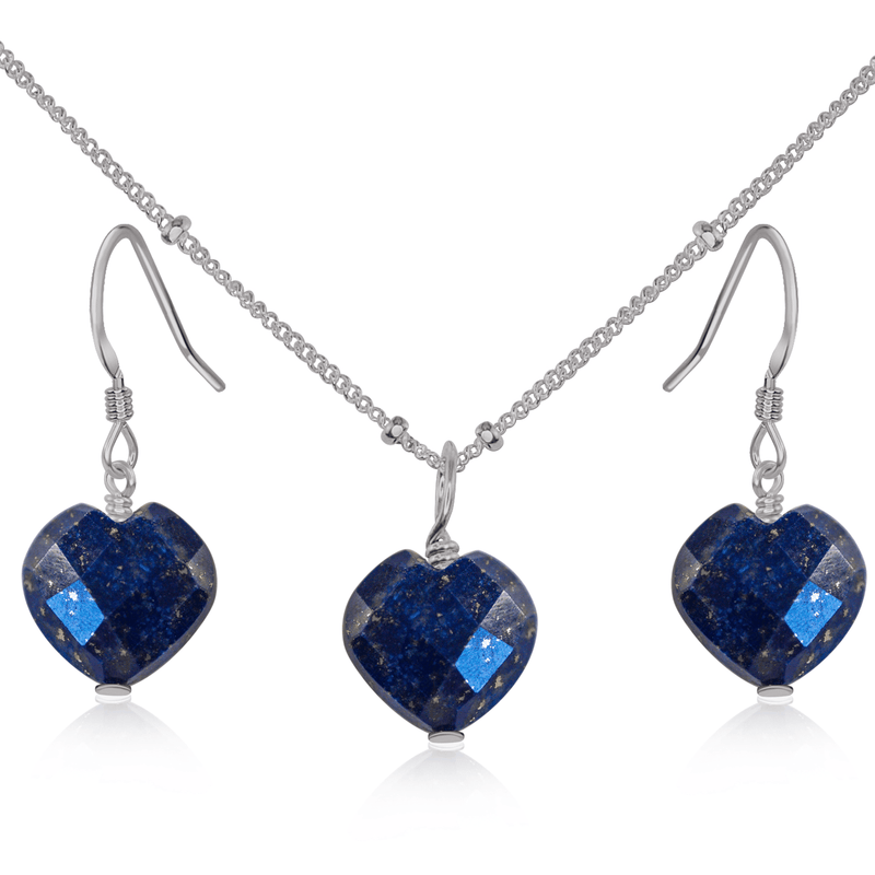 Lapis Lazuli Crystal Heart Jewellery Set - Lapis Lazuli Crystal Heart Jewellery Set - Stainless Steel / Satellite / Necklace & Earrings - Luna Tide Handmade Crystal Jewellery