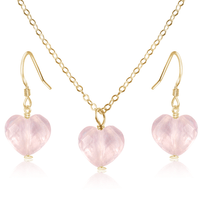 Rose Quartz Crystal Heart Jewellery Set - Rose Quartz Crystal Heart Jewellery Set - 14k Gold Fill / Cable / Necklace & Earrings - Luna Tide Handmade Crystal Jewellery