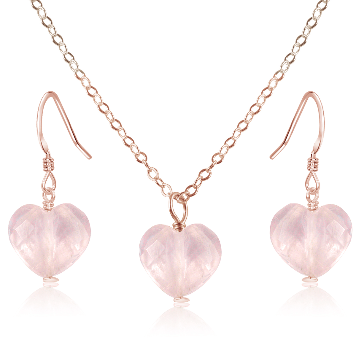 Rose Quartz Crystal Heart Jewellery Set - Rose Quartz Crystal Heart Jewellery Set - 14k Rose Gold Fill / Cable / Necklace & Earrings - Luna Tide Handmade Crystal Jewellery