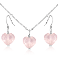Rose Quartz Crystal Heart Jewellery Set - Rose Quartz Crystal Heart Jewellery Set - Sterling Silver / Satellite / Necklace & Earrings - Luna Tide Handmade Crystal Jewellery