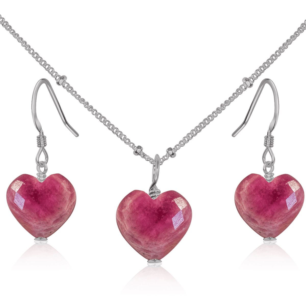 Ruby Crystal Heart Jewellery Set - Ruby Crystal Heart Jewellery Set - Stainless Steel / Satellite / Necklace & Earrings - Luna Tide Handmade Crystal Jewellery