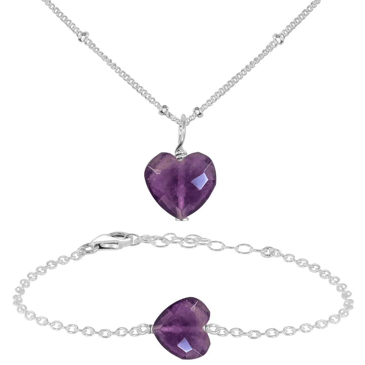 Amethyst Crystal Heart Jewellery Set - Amethyst Crystal Heart Jewellery Set - Sterling Silver / Satellite / Necklace & Bracelet - Luna Tide Handmade Crystal Jewellery