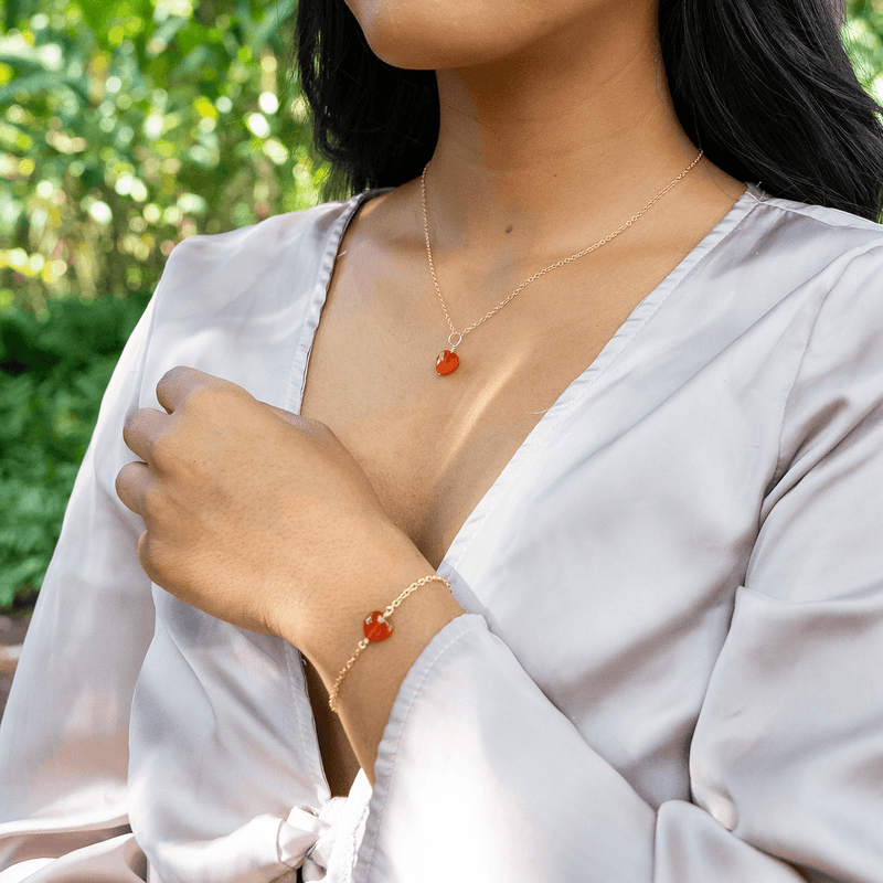 Carnelian Crystal Heart Jewellery Set - Carnelian Crystal Heart Jewellery Set - 14k Gold Fill / Cable / Necklace & Earrings & Bracelet - Luna Tide Handmade Crystal Jewellery