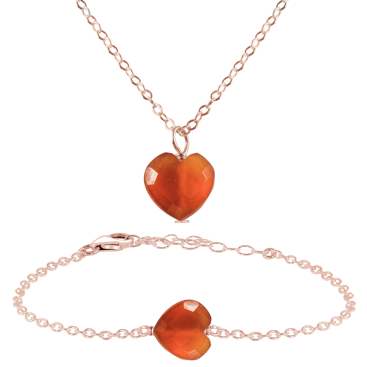 Carnelian Crystal Heart Jewellery Set - Carnelian Crystal Heart Jewellery Set - 14k Rose Gold Fill / Cable / Necklace & Bracelet - Luna Tide Handmade Crystal Jewellery
