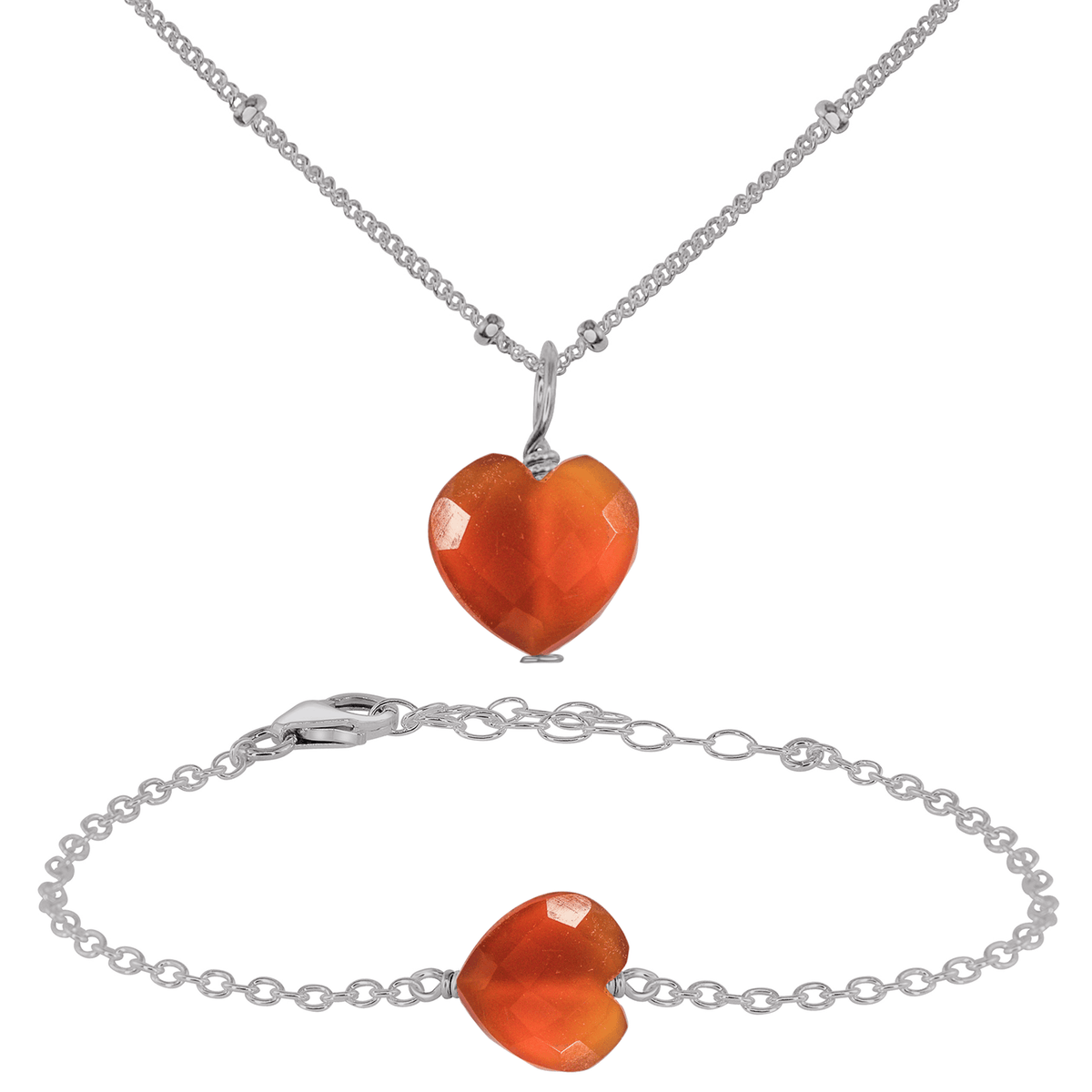 Carnelian Crystal Heart Jewellery Set - Carnelian Crystal Heart Jewellery Set - Stainless Steel / Satellite / Necklace & Bracelet - Luna Tide Handmade Crystal Jewellery