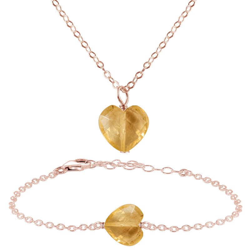 Citrine Crystal Heart Jewellery Set - Citrine Crystal Heart Jewellery Set - 14k Rose Gold Fill / Cable / Necklace & Bracelet - Luna Tide Handmade Crystal Jewellery
