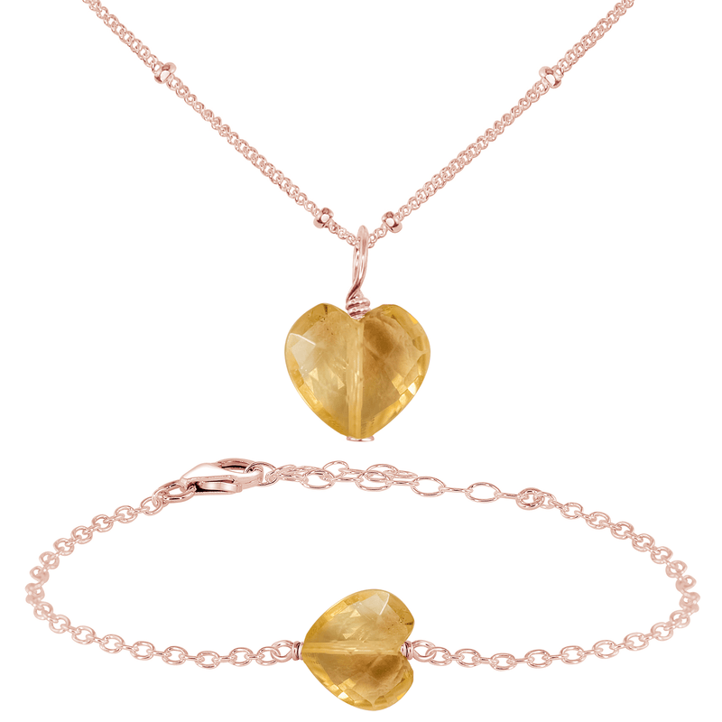 Citrine Crystal Heart Jewellery Set - Citrine Crystal Heart Jewellery Set - 14k Rose Gold Fill / Satellite / Necklace & Bracelet - Luna Tide Handmade Crystal Jewellery