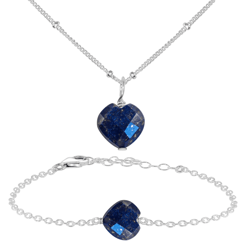 Lapis Lazuli Crystal Heart Jewellery Set - Lapis Lazuli Crystal Heart Jewellery Set - Sterling Silver / Satellite / Necklace & Bracelet - Luna Tide Handmade Crystal Jewellery