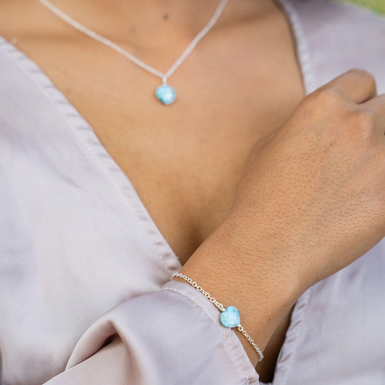 Larimar Crystal Heart Jewellery Set - Larimar Crystal Heart Jewellery Set - Sterling Silver / Cable / Necklace & Earrings & Bracelet - Luna Tide Handmade Crystal Jewellery