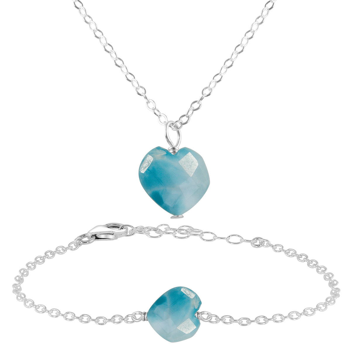 Larimar Crystal Heart Jewellery Set - Larimar Crystal Heart Jewellery Set - Sterling Silver / Cable / Necklace & Bracelet - Luna Tide Handmade Crystal Jewellery