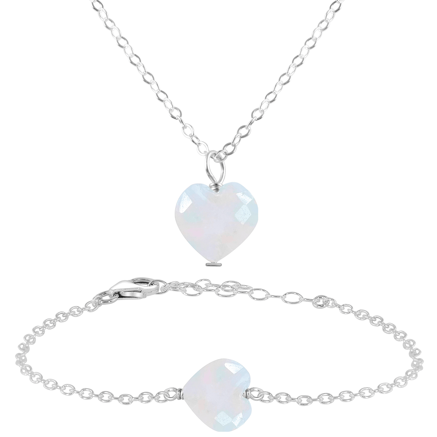 Rainbow Moonstone Crystal Heart Jewellery Set - Rainbow Moonstone Crystal Heart Jewellery Set - Sterling Silver / Cable / Necklace & Bracelet - Luna Tide Handmade Crystal Jewellery