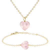 Rose Quartz Crystal Heart Jewellery Set - Rose Quartz Crystal Heart Jewellery Set - 14k Gold Fill / Cable / Necklace & Bracelet - Luna Tide Handmade Crystal Jewellery