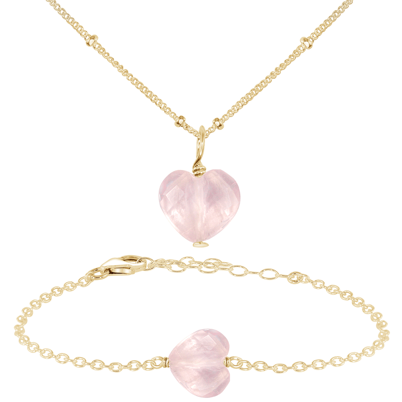 Rose Quartz Crystal Heart Jewellery Set - Rose Quartz Crystal Heart Jewellery Set - 14k Gold Fill / Satellite / Necklace & Bracelet - Luna Tide Handmade Crystal Jewellery