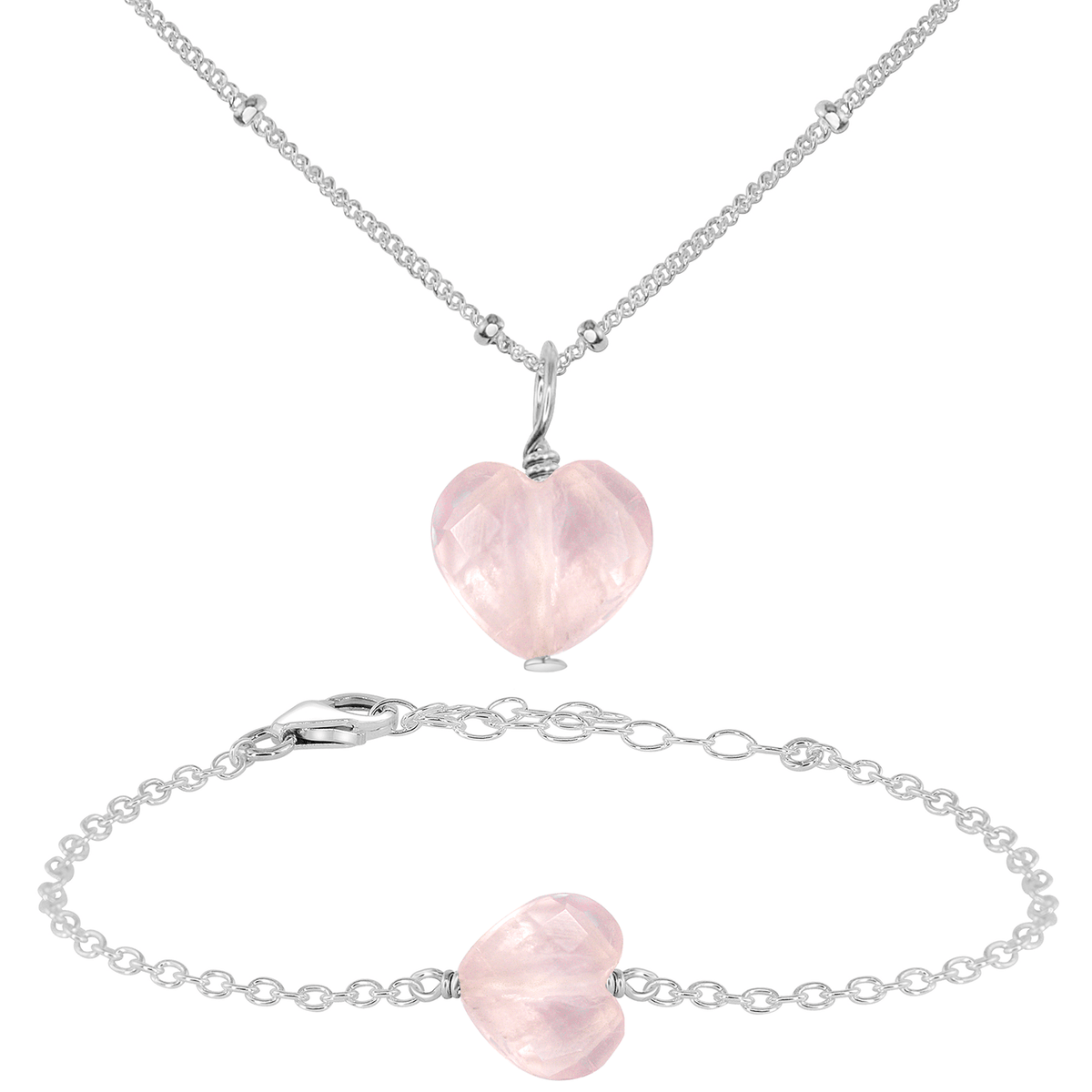 Rose Quartz Crystal Heart Jewellery Set - Rose Quartz Crystal Heart Jewellery Set - Sterling Silver / Satellite / Necklace & Bracelet - Luna Tide Handmade Crystal Jewellery