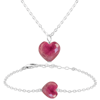 Ruby Crystal Heart Jewellery Set - Ruby Crystal Heart Jewellery Set - Sterling Silver / Cable / Necklace & Bracelet - Luna Tide Handmade Crystal Jewellery
