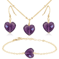 Amethyst Crystal Heart Jewellery Set - Amethyst Crystal Heart Jewellery Set - 14k Gold Fill / Satellite / Necklace & Earrings & Bracelet - Luna Tide Handmade Crystal Jewellery