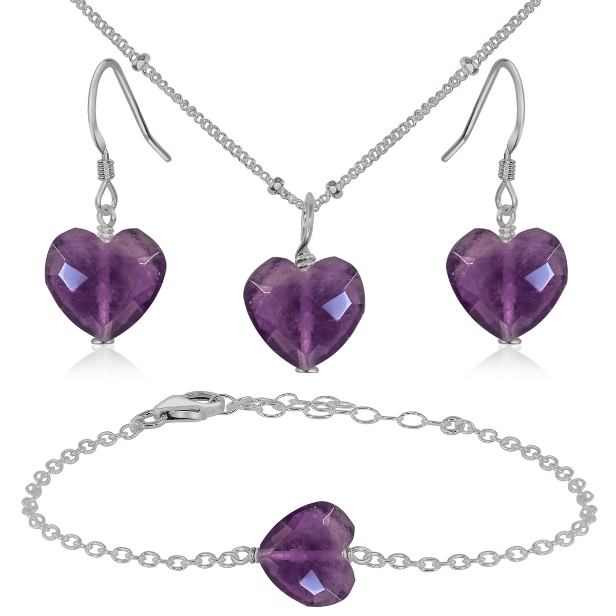 Amethyst Crystal Heart Jewellery Set - Amethyst Crystal Heart Jewellery Set - Stainless Steel / Satellite / Necklace & Earrings & Bracelet - Luna Tide Handmade Crystal Jewellery