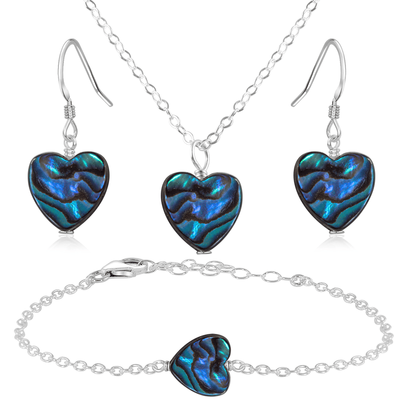 Abalone Shell Heart Jewellery Set - Abalone Shell Heart Jewellery Set - Sterling Silver / Cable / Necklace & Earrings & Bracelet - Luna Tide Handmade Crystal Jewellery