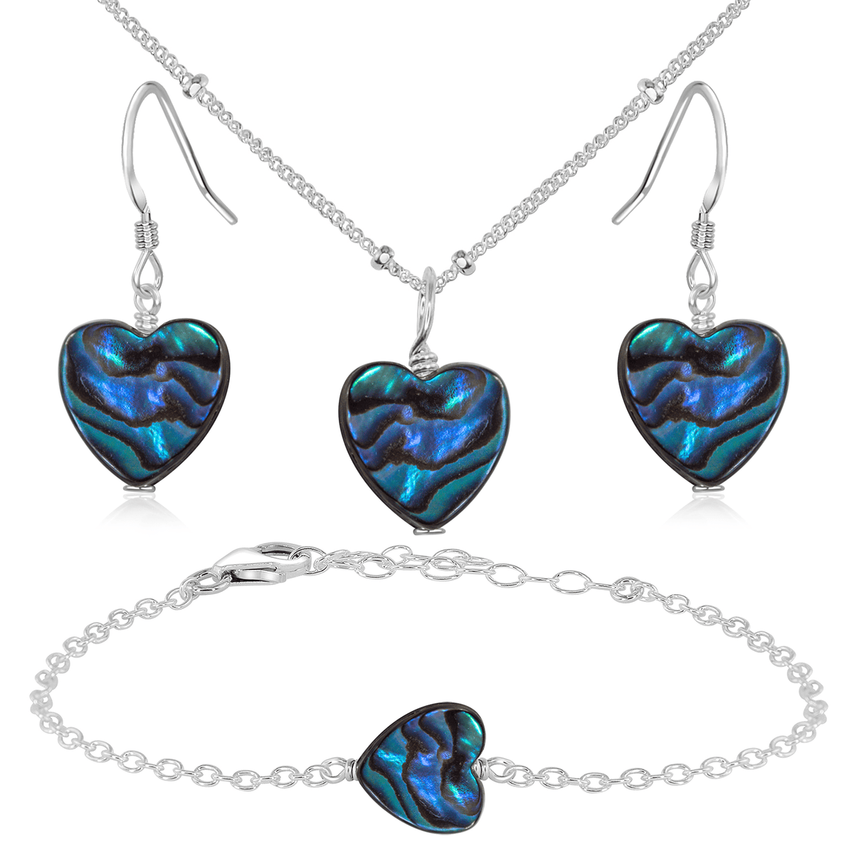 Abalone Shell Heart Jewellery Set - Abalone Shell Heart Jewellery Set - Sterling Silver / Satellite / Necklace & Earrings & Bracelet - Luna Tide Handmade Crystal Jewellery