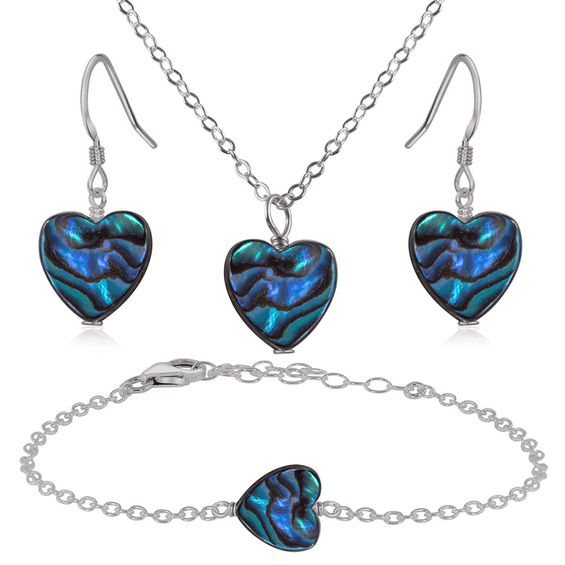 Abalone Shell Heart Jewellery Set - Abalone Shell Heart Jewellery Set - Stainless Steel / Cable / Necklace & Earrings & Bracelet - Luna Tide Handmade Crystal Jewellery