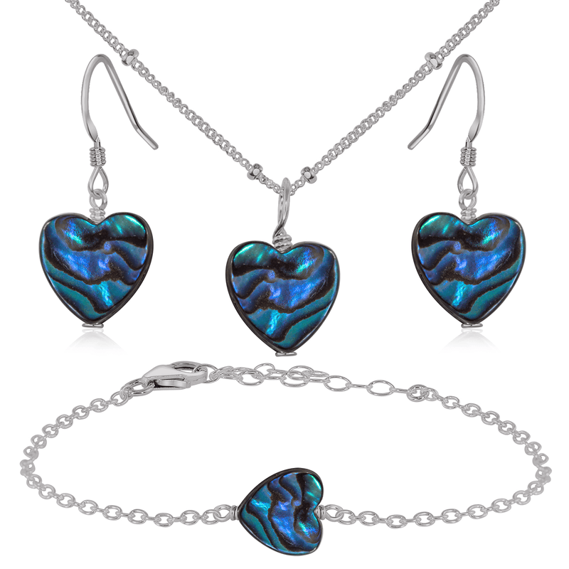 Abalone Shell Heart Jewellery Set - Abalone Shell Heart Jewellery Set - Stainless Steel / Satellite / Necklace & Earrings & Bracelet - Luna Tide Handmade Crystal Jewellery