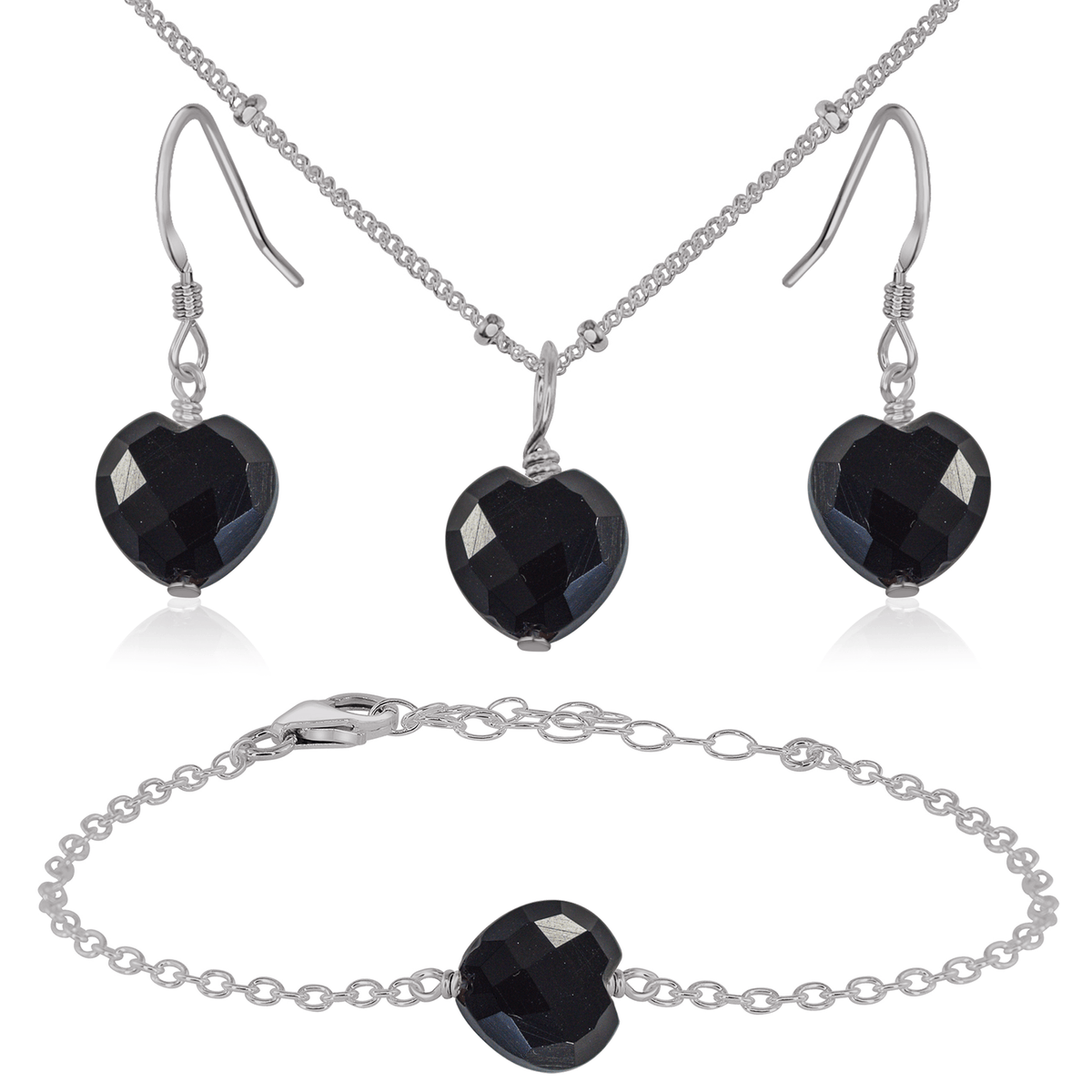 Black Onyx Crystal Heart Jewellery Set - Black Onyx Crystal Heart Jewellery Set - Stainless Steel / Satellite / Necklace & Earrings & Bracelet - Luna Tide Handmade Crystal Jewellery