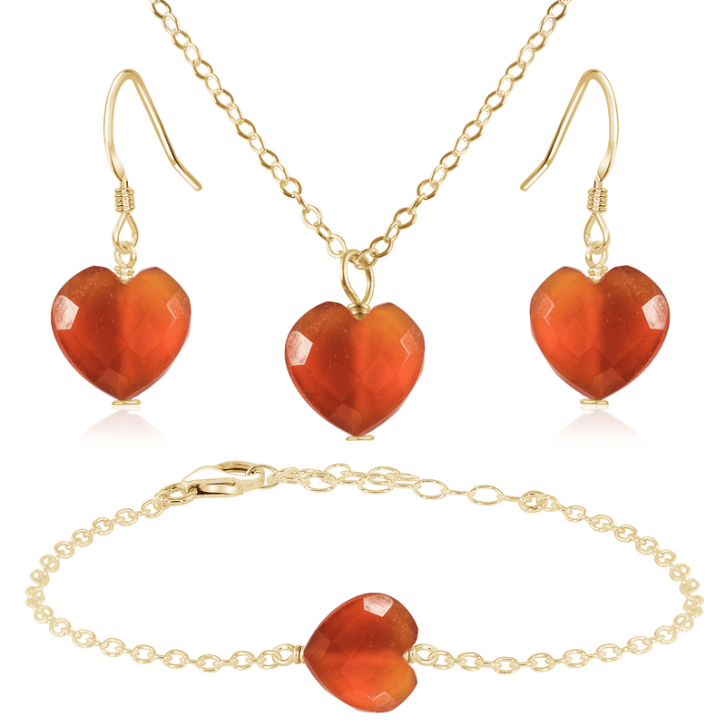 Carnelian Crystal Heart Jewellery Set - Carnelian Crystal Heart Jewellery Set - 14k Gold Fill / Cable / Necklace & Earrings & Bracelet - Luna Tide Handmade Crystal Jewellery