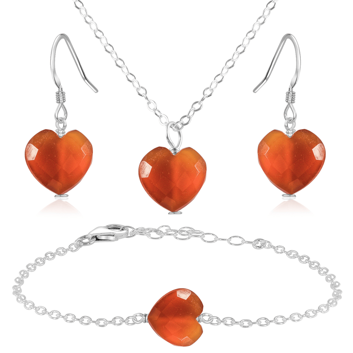 Carnelian Crystal Heart Jewellery Set - Carnelian Crystal Heart Jewellery Set - Sterling Silver / Cable / Necklace & Earrings & Bracelet - Luna Tide Handmade Crystal Jewellery