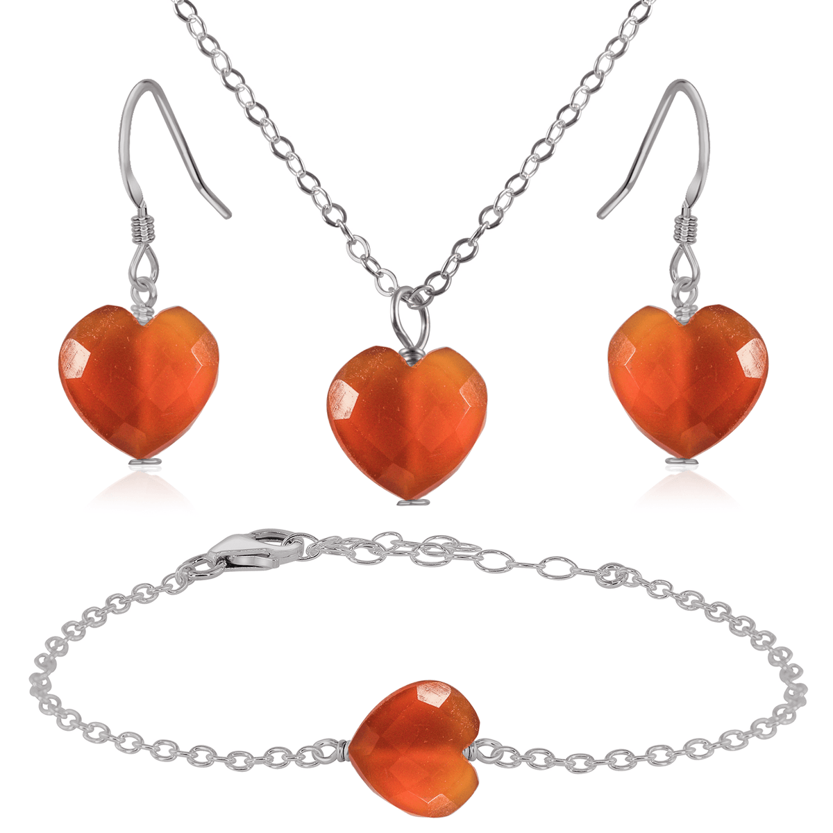 Carnelian Crystal Heart Jewellery Set - Carnelian Crystal Heart Jewellery Set - Stainless Steel / Cable / Necklace & Earrings & Bracelet - Luna Tide Handmade Crystal Jewellery