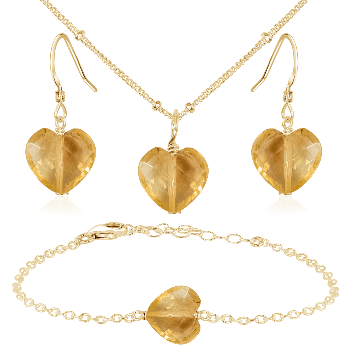 Citrine Crystal Heart Jewellery Set - Citrine Crystal Heart Jewellery Set - 14k Gold Fill / Satellite / Necklace & Earrings & Bracelet - Luna Tide Handmade Crystal Jewellery