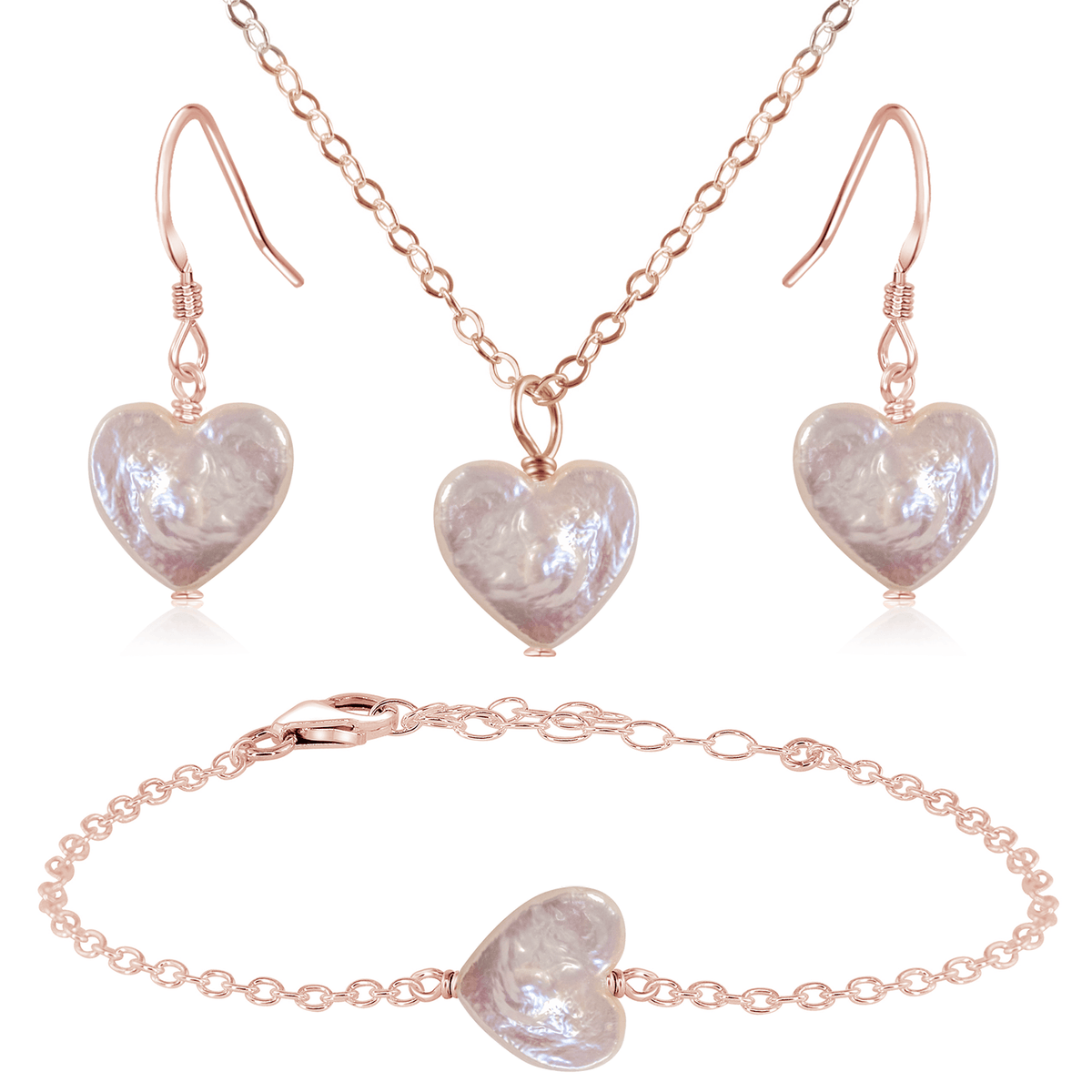 Freshwater Pearl Heart Jewellery Set - Freshwater Pearl Heart Jewellery Set - 14k Rose Gold Fill / Cable / Necklace & Earrings & Bracelet - Luna Tide Handmade Crystal Jewellery