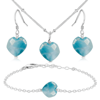 Larimar Crystal Heart Jewellery Set - Larimar Crystal Heart Jewellery Set - Sterling Silver / Satellite / Necklace & Earrings & Bracelet - Luna Tide Handmade Crystal Jewellery