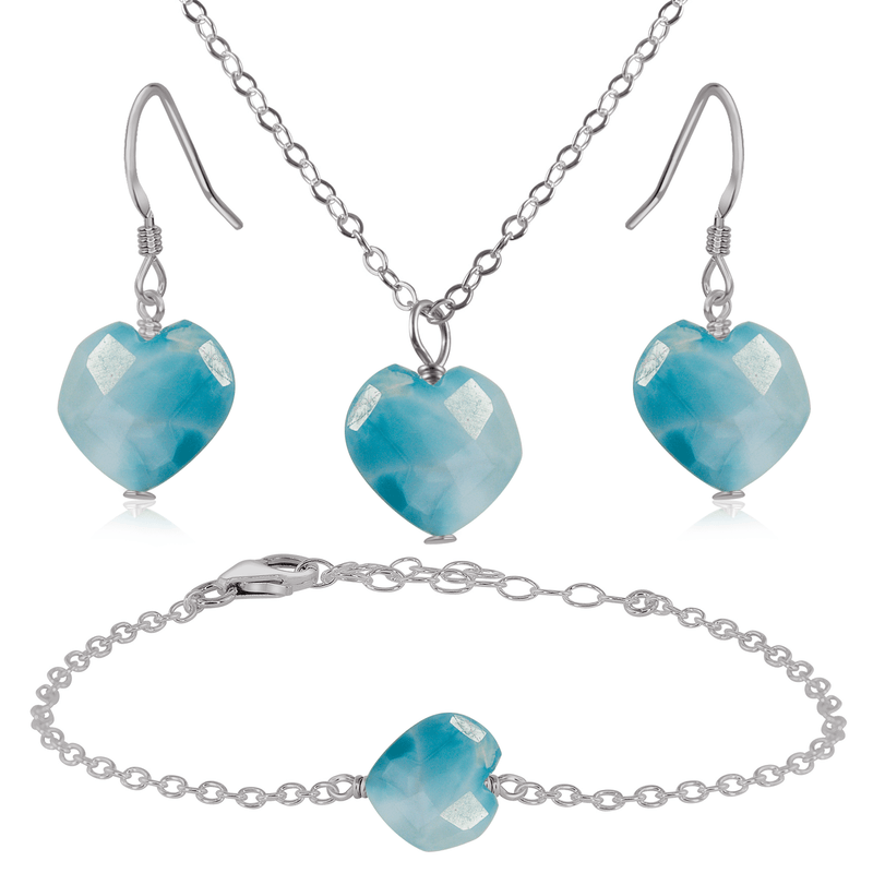 Larimar Crystal Heart Jewellery Set - Larimar Crystal Heart Jewellery Set - Stainless Steel / Cable / Necklace & Earrings & Bracelet - Luna Tide Handmade Crystal Jewellery