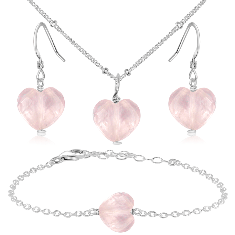 Rose Quartz Crystal Heart Jewellery Set - Rose Quartz Crystal Heart Jewellery Set - Sterling Silver / Satellite / Necklace & Earrings & Bracelet - Luna Tide Handmade Crystal Jewellery