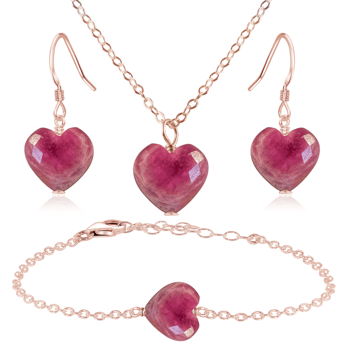 Ruby Crystal Heart Jewellery Set - Ruby Crystal Heart Jewellery Set - 14k Rose Gold Fill / Cable / Necklace & Earrings & Bracelet - Luna Tide Handmade Crystal Jewellery
