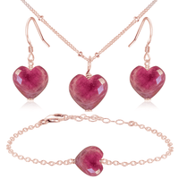 Ruby Crystal Heart Jewellery Set - Ruby Crystal Heart Jewellery Set - 14k Rose Gold Fill / Satellite / Necklace & Earrings & Bracelet - Luna Tide Handmade Crystal Jewellery