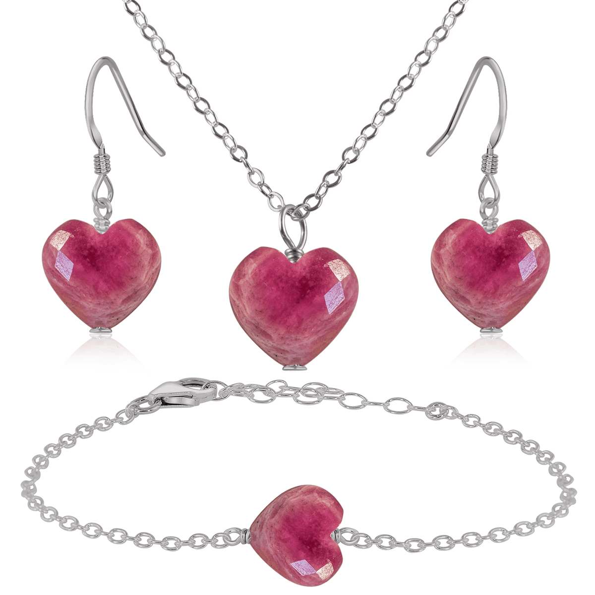 Ruby Crystal Heart Jewellery Set - Ruby Crystal Heart Jewellery Set - Stainless Steel / Cable / Necklace & Earrings & Bracelet - Luna Tide Handmade Crystal Jewellery