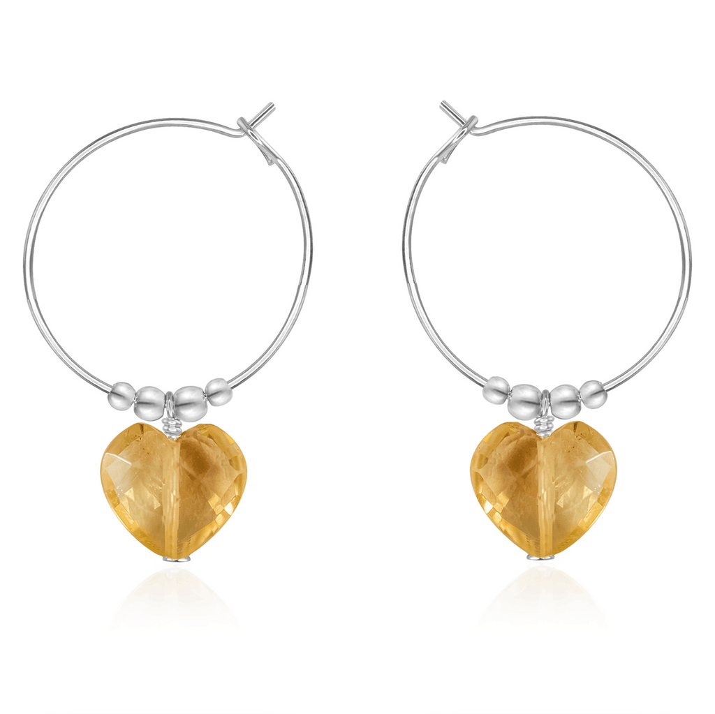 Citrine Crystal Heart Dangle Hoop Earrings - Citrine Crystal Heart Dangle Hoop Earrings - Sterling Silver - Luna Tide Handmade Crystal Jewellery