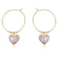 Freshwater Pearl Heart Dangle Hoop Earrings - Freshwater Pearl Heart Dangle Hoop Earrings - 14k Gold Fill - Luna Tide Handmade Crystal Jewellery
