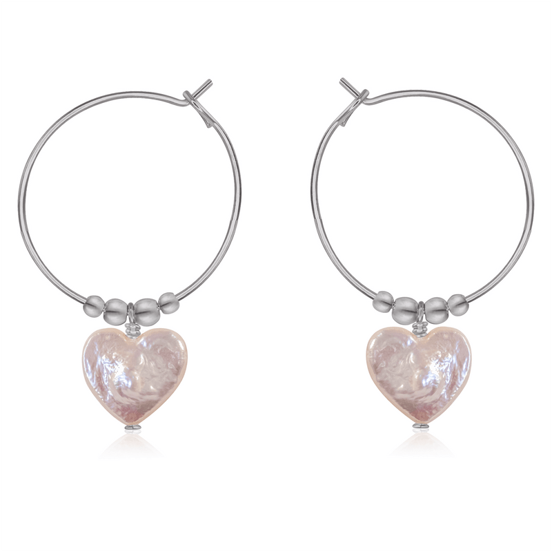 Freshwater Pearl Heart Dangle Hoop Earrings - Freshwater Pearl Heart Dangle Hoop Earrings - Stainless Steel - Luna Tide Handmade Crystal Jewellery