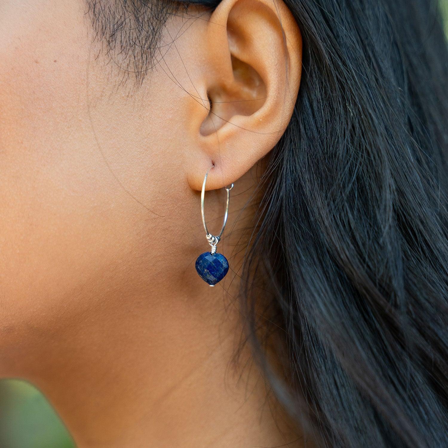 Lapis Lazuli Crystal Heart Dangle Hoop Earrings - Lapis Lazuli Crystal Heart Dangle Hoop Earrings - Sterling Silver - Luna Tide Handmade Crystal Jewellery