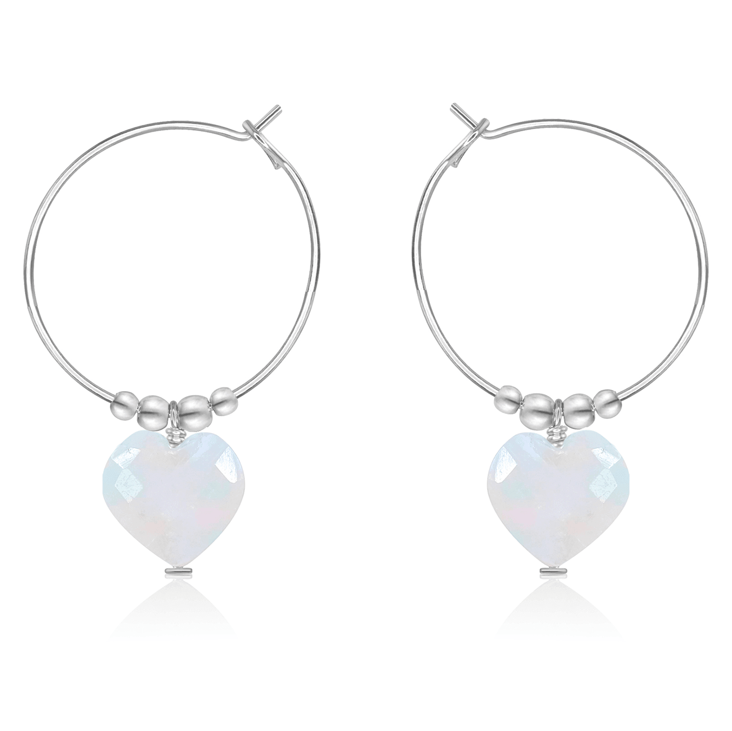 Rainbow Moonstone Crystal Heart Dangle Hoop Earrings - Rainbow Moonstone Crystal Heart Dangle Hoop Earrings - Sterling Silver - Luna Tide Handmade Crystal Jewellery