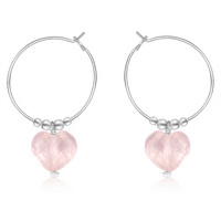 Rose Quartz Crystal Heart Dangle Hoop Earrings - Rose Quartz Crystal Heart Dangle Hoop Earrings - Sterling Silver - Luna Tide Handmade Crystal Jewellery