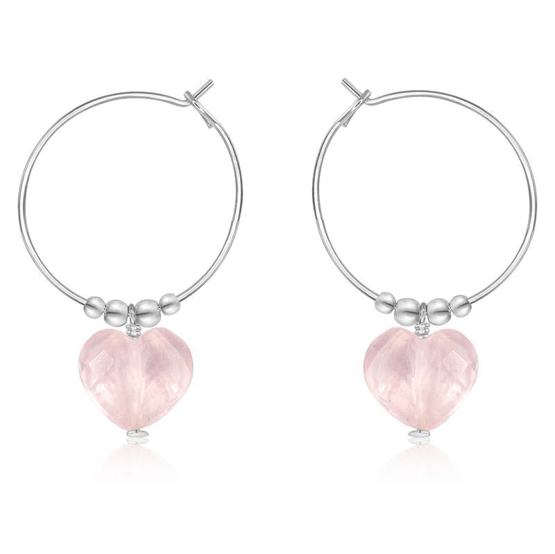 Rose Quartz Crystal Heart Dangle Hoop Earrings - Rose Quartz Crystal Heart Dangle Hoop Earrings - Sterling Silver - Luna Tide Handmade Crystal Jewellery