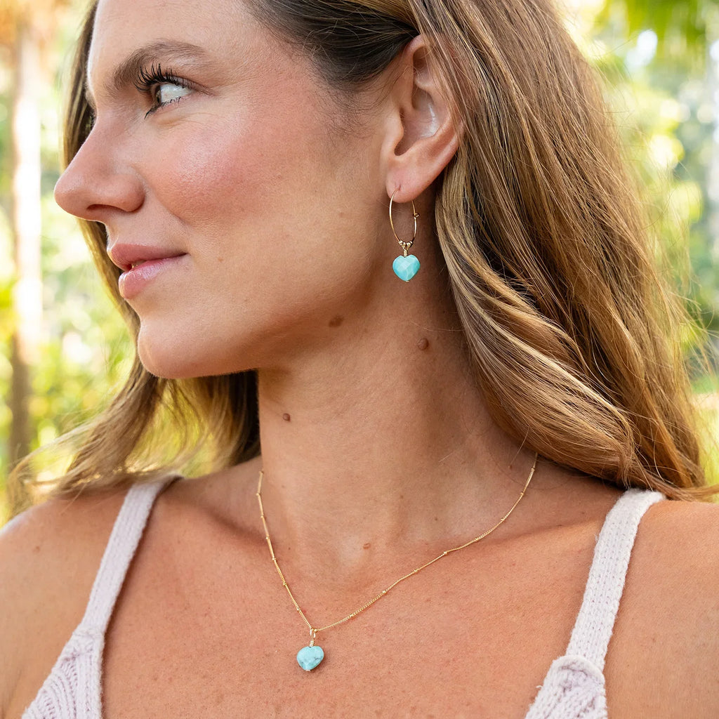 Turquoise Crystal Heart Dangle Hoop Earrings