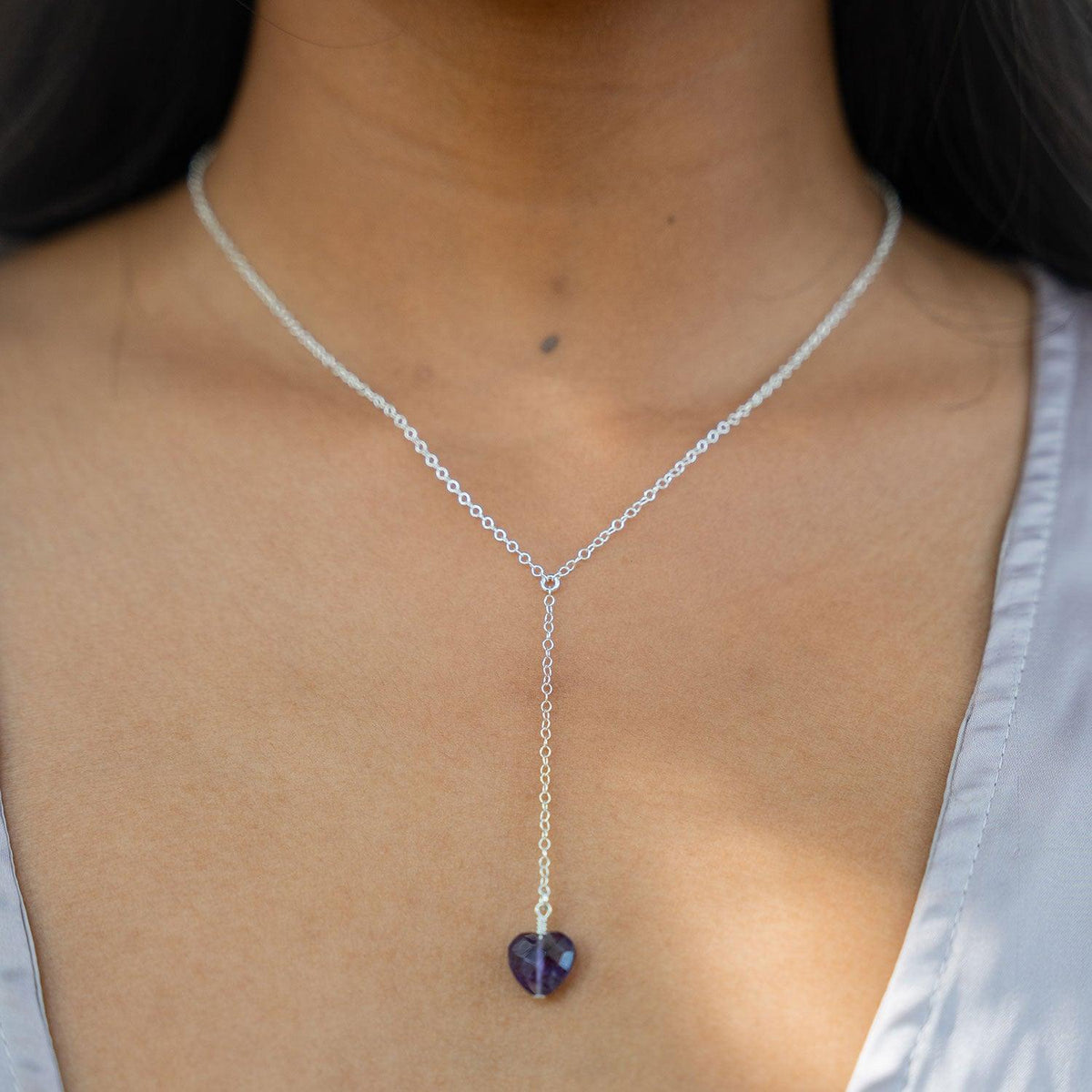 Amethyst Crystal Heart Lariat Necklace - Amethyst Crystal Heart Lariat Necklace - Sterling Silver - Luna Tide Handmade Crystal Jewellery